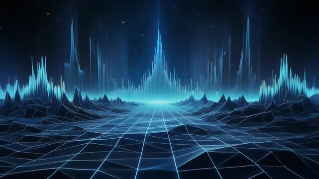 Abstract Futuristic Cityscape with Glowing Blue Grid and Neon Lights