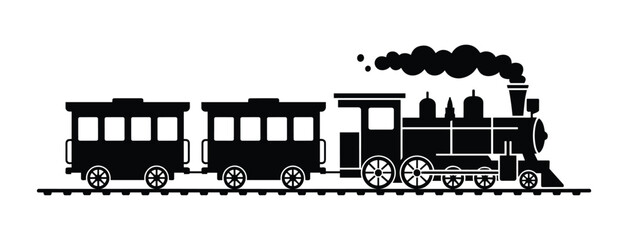 Steam Train Silhouette: A classic steam locomotive pulls two passenger cars, emitting a trail of black smoke against a simple background, evoking a sense of nostalgia and travel. © Formora Graphics