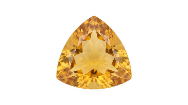 Golden yellow citrine gemstone, trillion cut faceted jewel, sparkling yellow topaz crystal for jewelry design, luxury triangle precious stone isolated PNG with Transparent Background