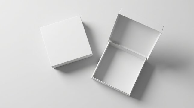 Top view open and closed white cardboard square gift box packaging mockup on light backdrop
