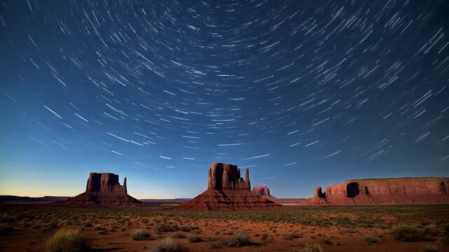 Star Trails Over Monument Valley Buttes at Night, Arizona Desert Landscape