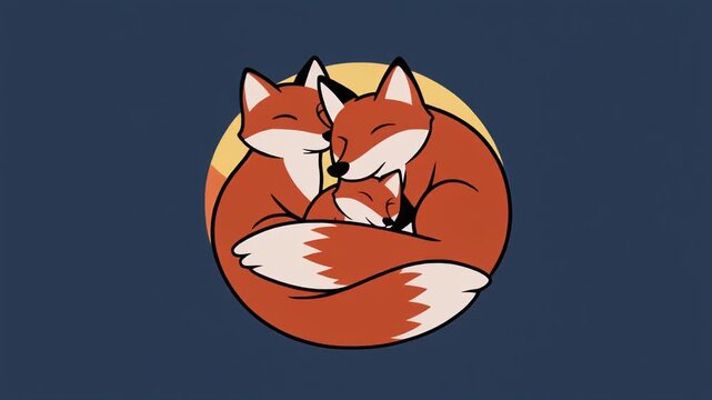 An adorable cartoon depiction showcases a loving family of foxes embracing tenderly within a warm, circular glow against a deep navy backdrop, evoking feelings of warmth and familial bonds