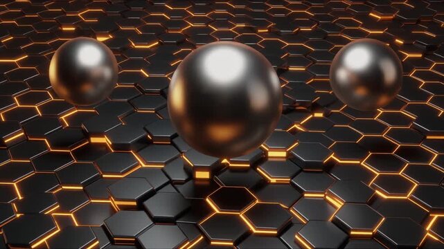 3D Abstract Metallic Spheres Floating Above Hexagonal Grid With Orange Glowing Lights