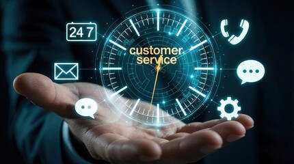 Obraz premium Businessman holds glowing digital clock with customer service icons. Hand presents 247 support symbols like phone, chat, email, help icons. Modern tech concept for online assistance, round clock