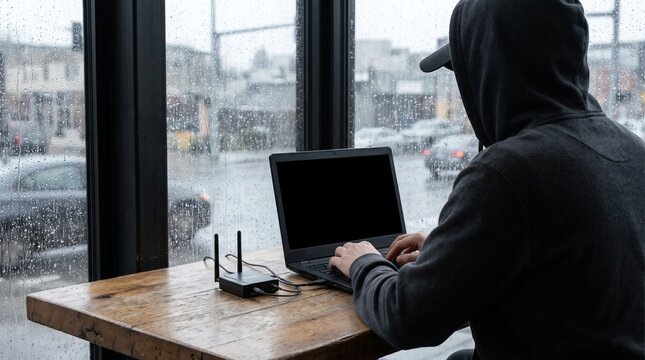 Anonymous Hacker in Hoodie Operating Laptop with External Antenna by Rainy Window for Wi-Fi Interception Concept