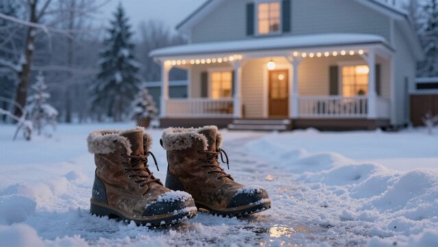 A pair of warm winter boots sits in fresh snow before a cozy house with glowing porch lights and string lamps.