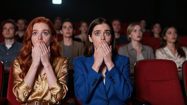 Two women in a theater react with wide eyes and hands over mouths as they watch an intense performance unfold before them.