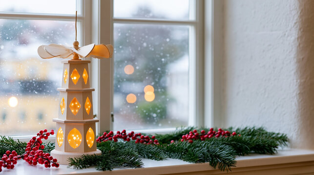 Wooden lantern with glowing cutouts, ribbon bow, evergreen branches and red berries on a windowsill, softly blurred winter window background, seasonal holiday decor