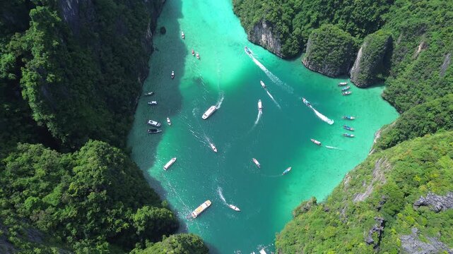 Aerial view of boats in tropical maya bay lagoon