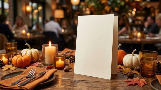 Thanksgiving dinner table setting with blank card and pumpkins.
