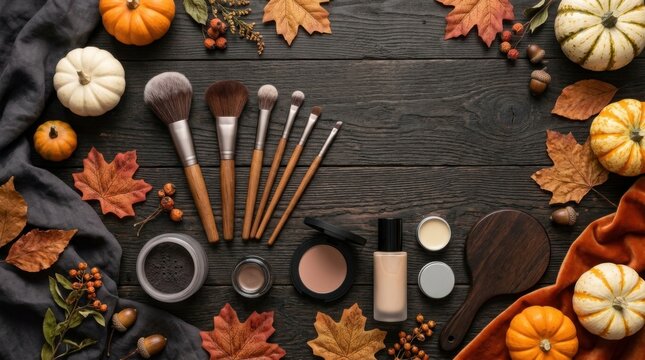 Autumn makeup flat lay with pumpkins and leaves on a wooden table.