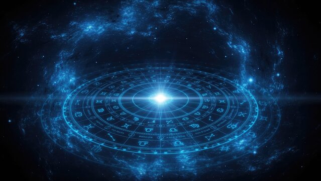Glowing blue zodiac wheel with astrological symbols, centered on a bright light against a dark nebula background, with cosmic stardust
