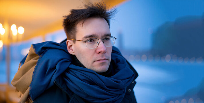 Portrait of thoughtful young man wearing glasses and layered winter clothing outdoors with blurred blue and warm city lights in background