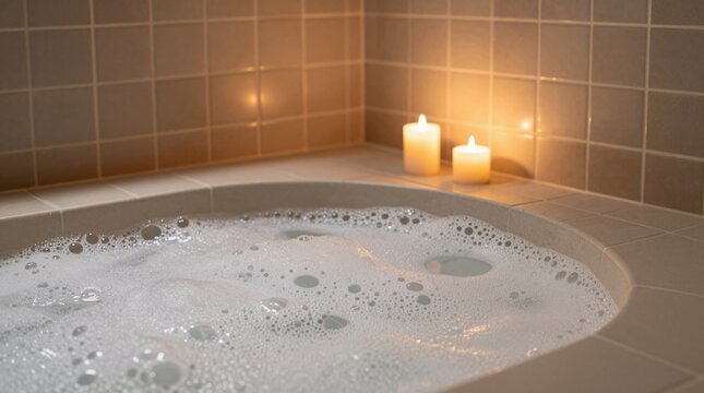 Experience ultimate relaxation with this serene bathtub scene featuring bubbles and flickering candles, perfect for self-care and tranquil moments.
