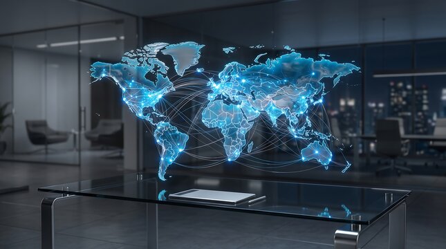 Glowing digital map with network connections floating above a glass desk in a dark office with blurred interior and chairs