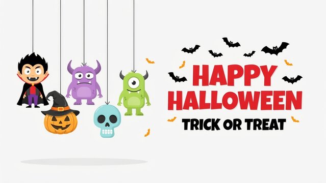 Happy halloween trick or treat banner with hanging cartoon vampire, pumpkin, purple monster, green cyclops, and blue skull on white background