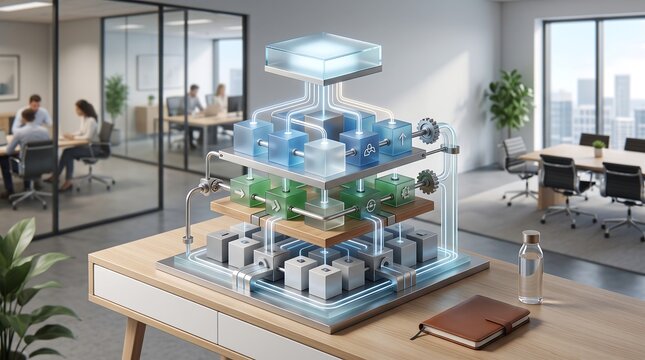 Hierarchical data structure with glowing blue and green cubes connected by pipes on a wooden desk in a busy corporate office environment
