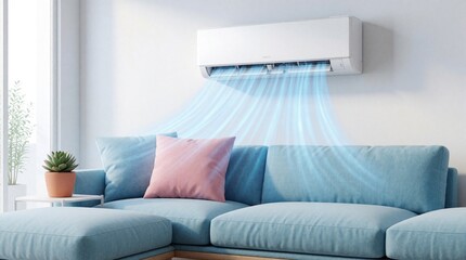 Fototapeta na wymiar Modern white air conditioner unit cools stylish living room with blue air streams. Split system unit works above light blue sectional sofa with pink cushion. Domestic interior features potted plant,
