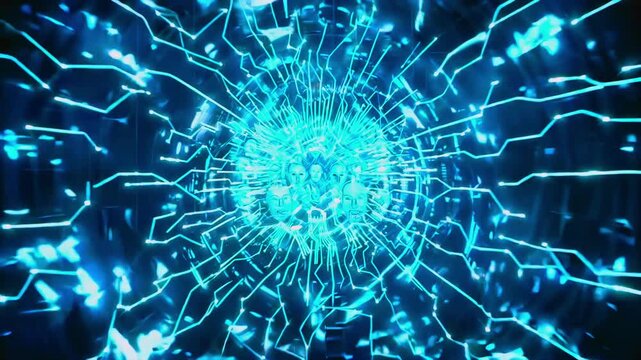 Digital faces appearing wide view across network interface, supporting identity technology, biometric security, online profiles, cybersecurity training, user verification, and data platform media.