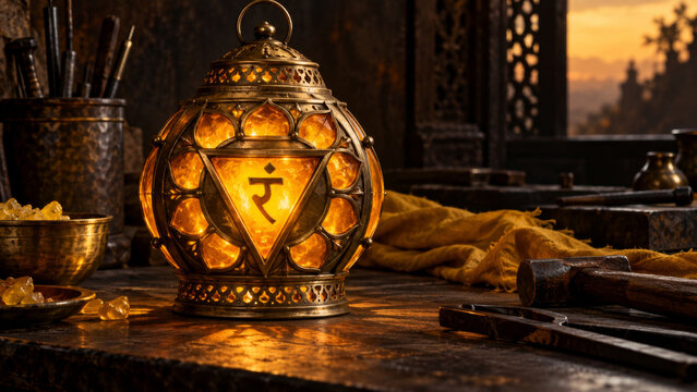 Manipura solar plexus chakra Sanskrit Ram seed syllable on a glowing brass lantern with ten facets and triangular fire, yellow personal power, willpower and transformative meditation