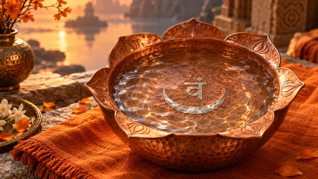 Svadhisthana sacral chakra Sanskrit Vam seed syllable inside a copper water bowl with six petals and a silver crescent, orange creative energy, emotional flow and sacred meditation