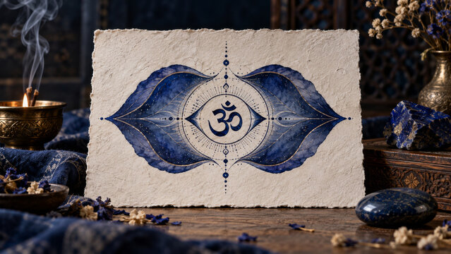 Ajna third eye chakra Sanskrit Om symbol in indigo ink between two lotus petals and an eye motif, sacred intuition, spiritual insight, mental clarity and mindful meditation artwork