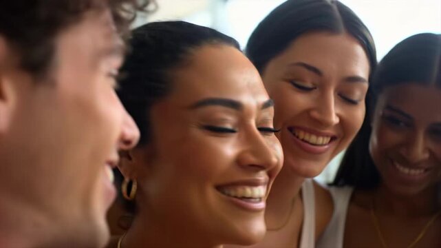 Diverse friends smile close-up in group portrait, delight response, inclusive community, positive emotion, youth connection, friendship marketing, lifestyle branding, and social belonging message.