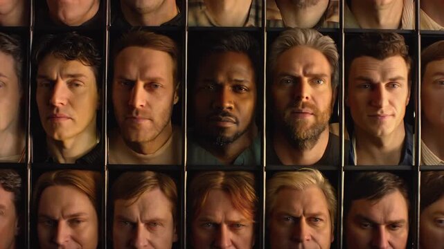Faces rotate close-up within portrait grid, diverse expression study, human identity montage, audience reaction, emotion analysis, psychology visual, casting reference, and social campaign asset.