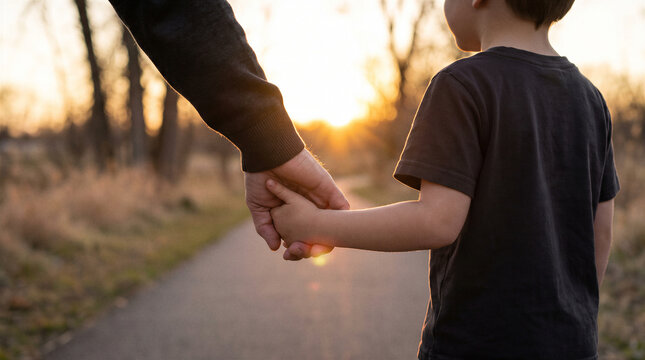 Adult holding young child's hand while walking together along quiet rural path at warm sunset.