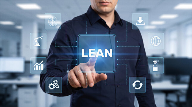Business professional selecting lean management interface for process optimization and operational efficiency in modern office.