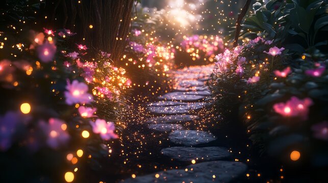 Magical enchanted forest path glowing with sparkling fairy lights flowers and soft bokeh in dark woodland creating dreamy fantasy walkway scene for fairytale adventure mystery and romantic background