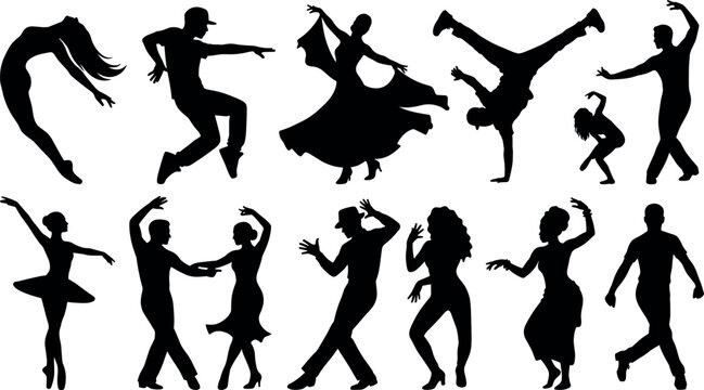 Collection of dancing figures depicted as black silhouettes against a white background ballet ballroom contemporary
