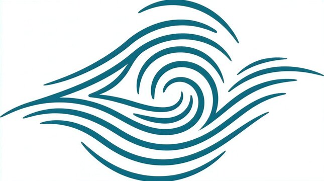 Teal swirls form elegant, flowing motion against white background. Design evokes water, wind, or spiritual movement. Abstract lines suggest motion, energy, or transformation