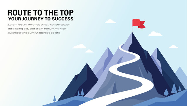 Business success journey infographic with mountain peak, winding path and goal flag, growth strategy, achievement, leadership and progress concept, vector illustration