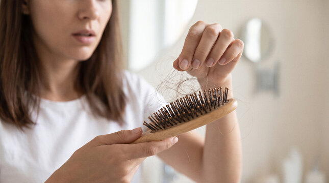 Woman inspecting hair strands caught in brush at home after noticeable hair shedding.
