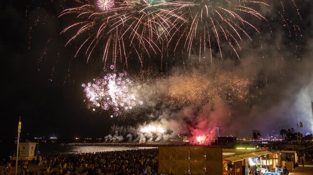 Amazing fireworks display over the coast of barcelona