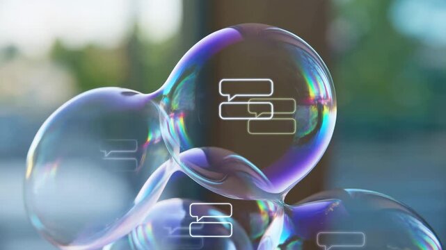 Iridescent translucent bubble forms slowly shift and overlap while glowing chat message icons hover across glossy surfaces against softly blurred green and blue background