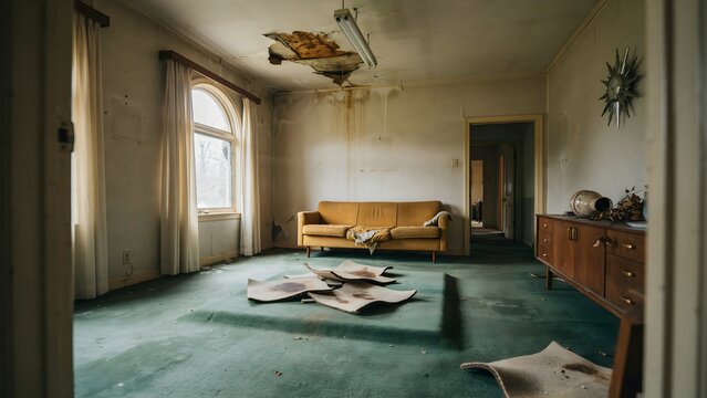Abandoned Living Room with Dusty Couch and Water Damage Ceiling