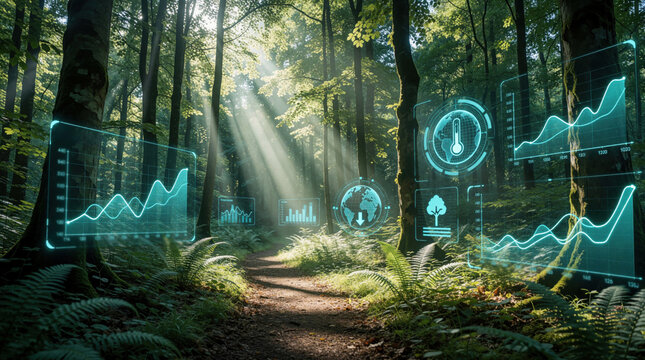 Digital interface with data charts, globe icons overlays rich green forest. High tech sensors monitor climate change, carbon levels in nature. Smart tech tools track environmental health, ecosystem