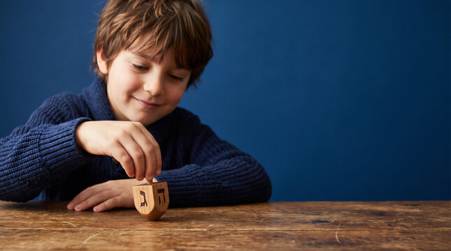 Young boy spinning wooden dreidel during Hanukkah game against blue studio background with copy space.
