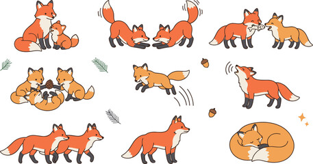Obraz premium Cute cartoon red fox sticker bundle pack featuring adorable woodland wildlife characters playing sleeping jumping howling and walking isolated graphic vector elements collection