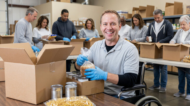 Wheelchair user volunteering at community food bank while packing donated groceries with diverse charity team.