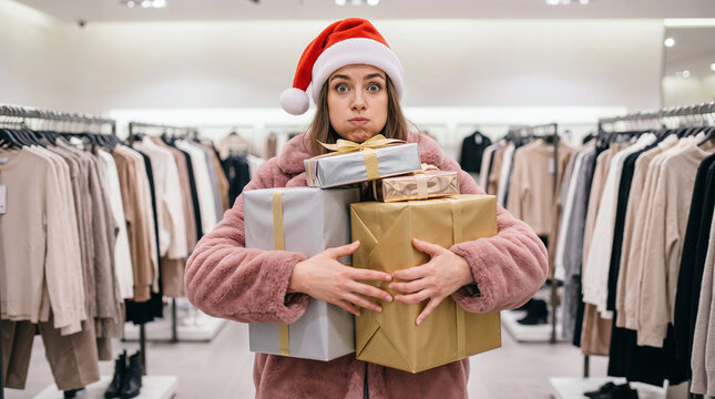 Overwhelmed and stressed woman carrying stack of wrapped christmas gifts while holiday shopping inside clothing store.
