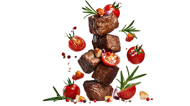 Flying grilled beef steak cubes with tomatoes isolated on transparent background PNG cutout