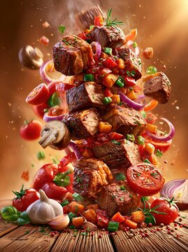 Flying grilled beef cubes with fresh vegetables and spices