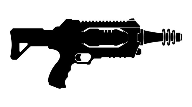 Futuristic blaster silhouette against a white background depicts a science fiction weapon