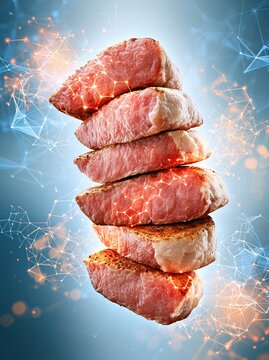 Flying raw beef steak slices with digital network lines