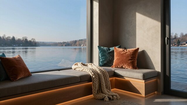 A warm, inviting armchair with plush cushions and a chunky knit blanket overlooks a serene lake through large glass windows.