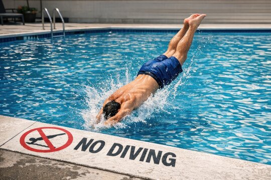 A person jumping into a pool without a diving board