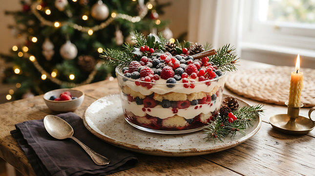 Christmas berry trifle with whipped cream and sponge cake on a festive table